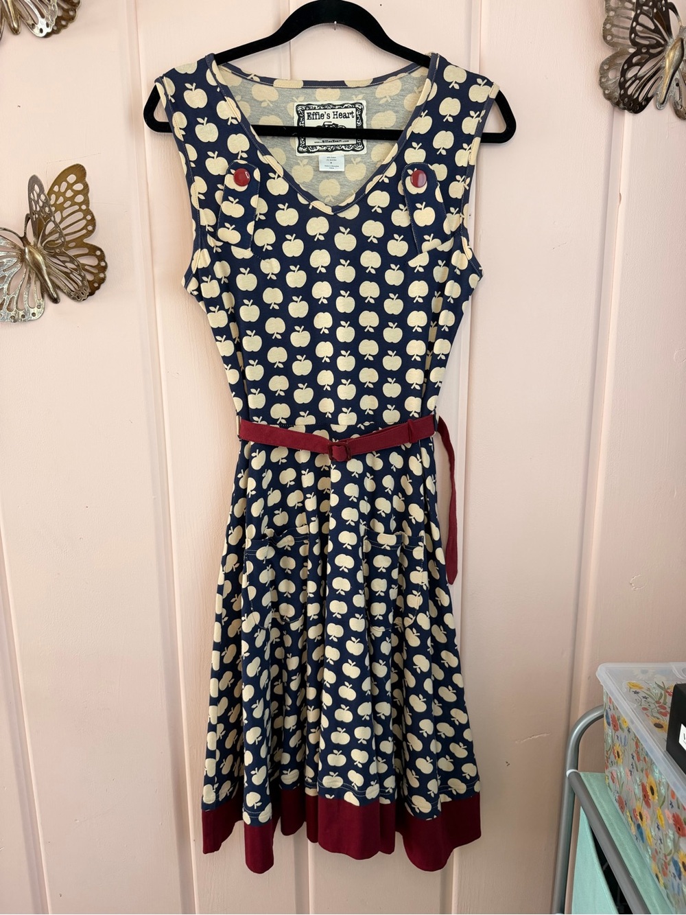 Effie’s Heart Navy Apple Print Dress with Burgundy Accents SzM